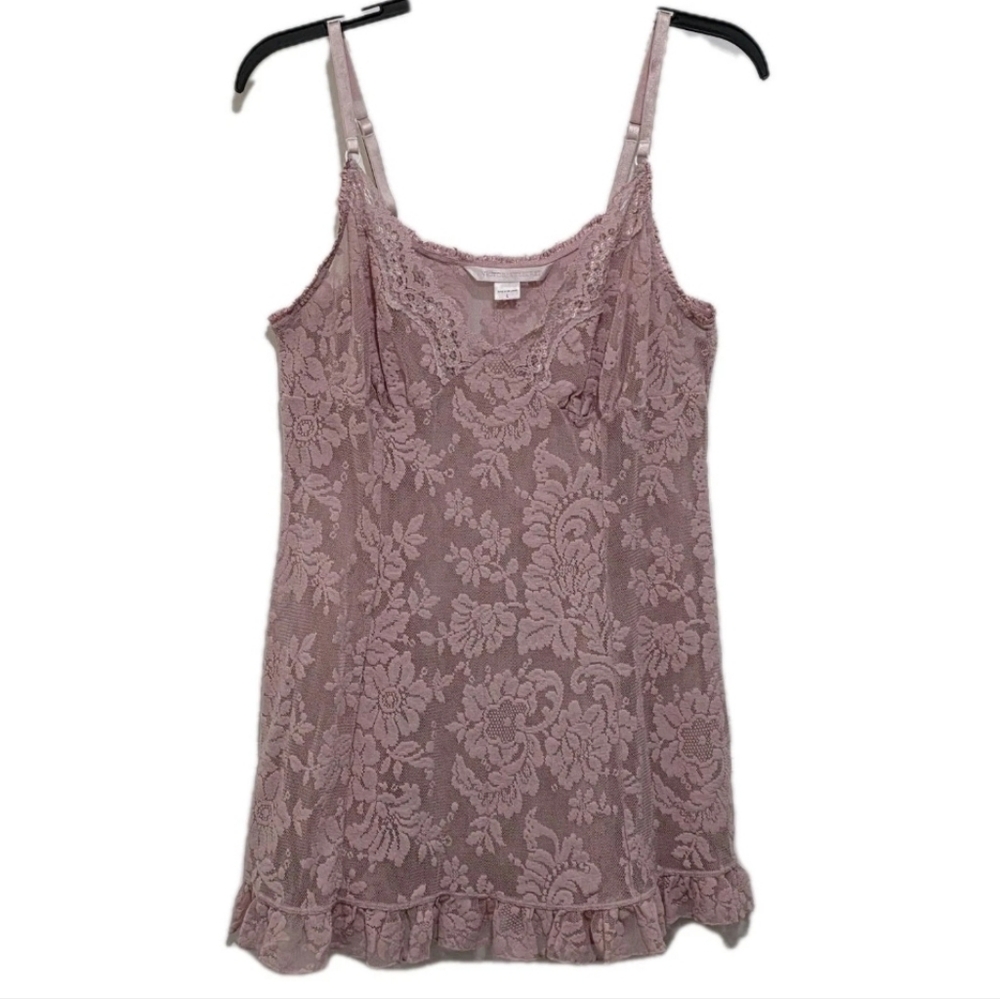 Vtg Y2K Victoria's Secret Sheer Lace Mini Dress Lingerie Dusty Pink Ruffle